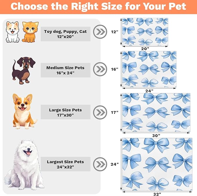 Blue Bowk Dog Food Mat for Floors Absorbent, Quick Dry Water Dispenser Mat for Food, Water, Pet Supplies 17" x 30", Cute Bowknot