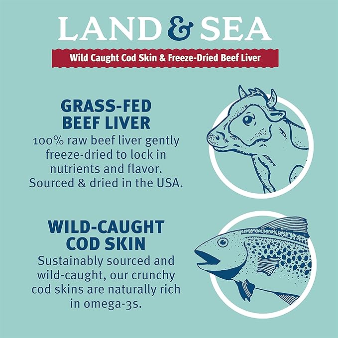 Icelandic+ Land & Sea: Wild Caught Cod Skin & Freeze-Dried Beef Liver - 2.4oz Bag, Dog Treat & Food Topper, 2 Ingredients, No Preservatives, Natural