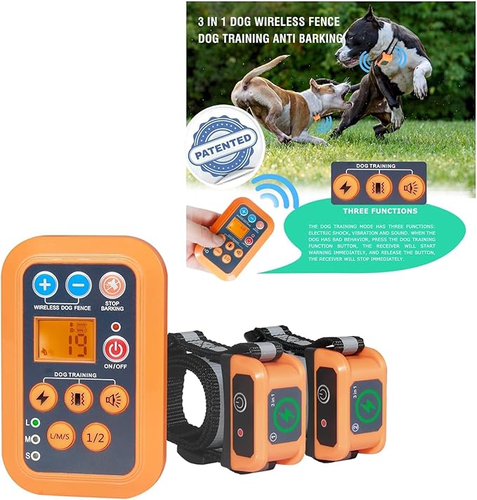 DOTSTAR Wireless Dog Fence Training Collar Pet No Barking Device 3-in-1 System, Remote Wireless Fence Electric Dog Training Stop Barking Pet Contatiner, Rechargeable Waterproof Dog Collar