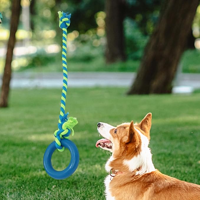 Interactive Dog Tug Toy Pets Supplies with Rings Exercise Playing Running Dog Rope Toy for Kitten Outdoor Lawn Cleaning, Blue