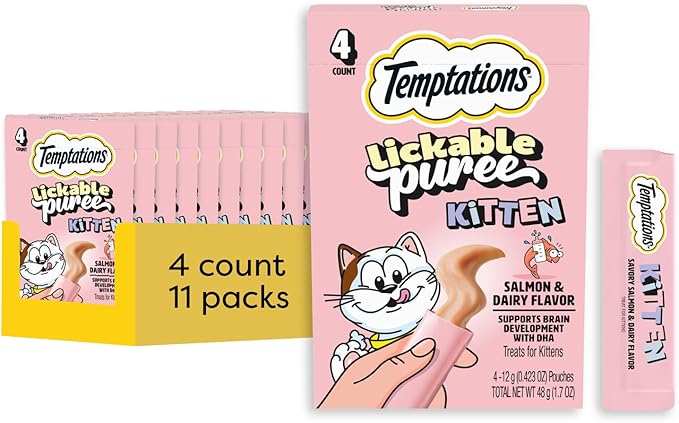 Temptations Puree Kitten Cat Treats Lickable, Salmon & Dairy Flavor, 4 Pouches (Pack of 11)