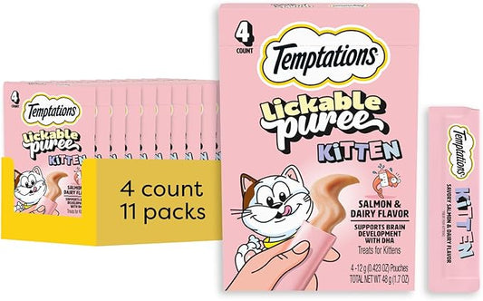 Temptations Puree Kitten Cat Treats Lickable, Salmon & Dairy Flavor, 4 Pouches (Pack of 11)