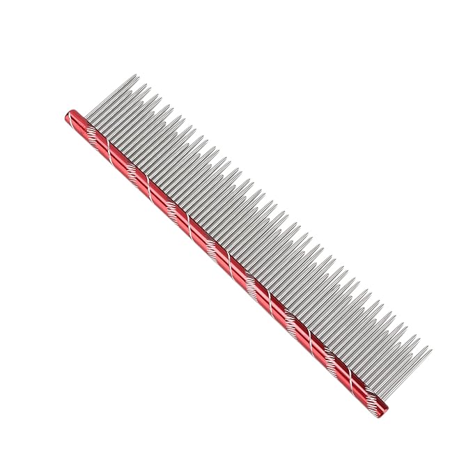Pet Hair Removal Comb, Stainless Steel Cat Grooming Tool with Dual - Density Teeth, Open Knot Comb for Long and Short Haired Cats, Ergonomic Non - Slip Handle (Red)