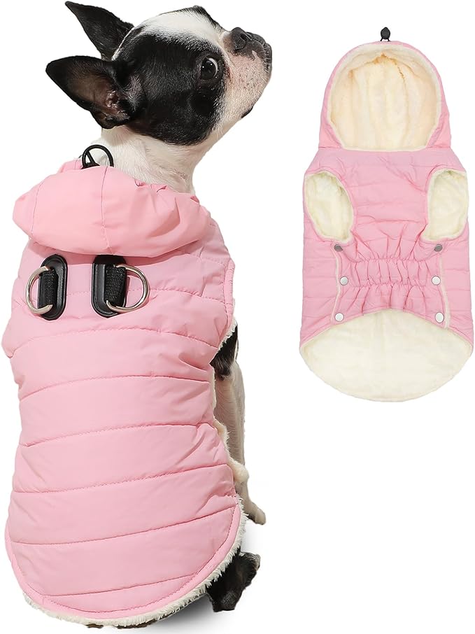 Fleece Lining Dog Hoodie with Harness Built in,Extra Warm Small Dog Jacket in Winter Puppy Coats with Drawstring Hooded,Light Pink XS