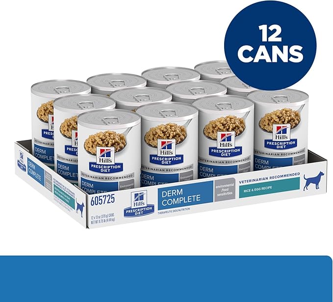 Hill's Prescription Diet Derm Complete Rice & Egg Recipe Wet Dog Food, Veterinary Diet, 13 oz. Cans, 12-Pack