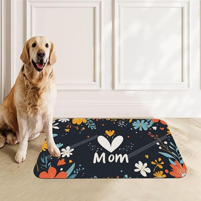 Pet Feeding Mat Absorbent Dog Mat for Food Water Bowl No Stains Quick Dry Water Dispenser Mats Happy Mother's Day Floral Gift Mom Bu Dog Accessories Pet Supplies Bowl for Messy Drinkers 18X12In