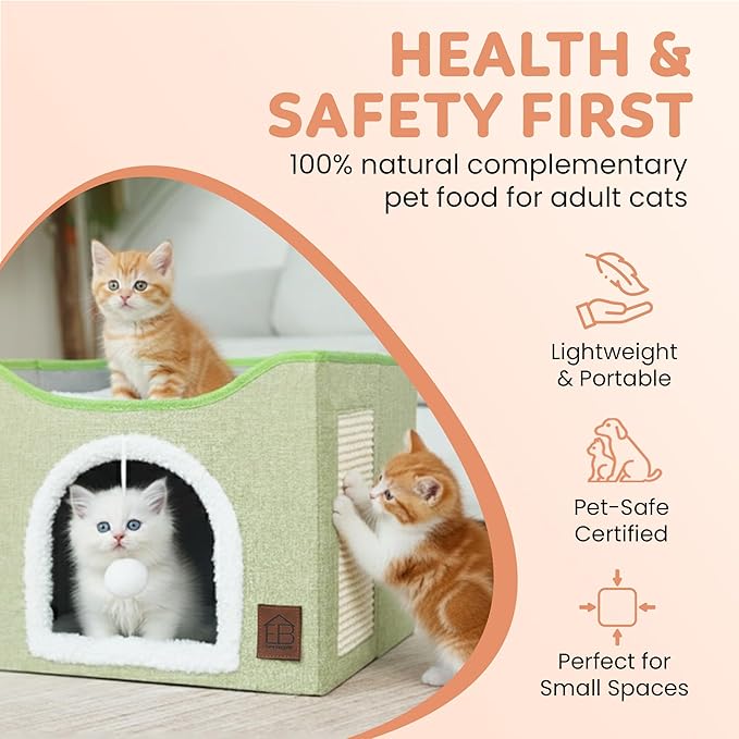 EverBrightly Cat Condo Bed | Foldable Pet Cave with Scratcher Pad, Reversible Cushion & Hanging Toy Ball | Indoor Hideaway, Lounge Perch & Playhouse, Durable Linen with Cozy Sherpa