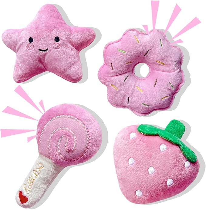 Small Dog Toys, Squeaky Dog Toy for Small Dogs- Pink Cute Puppy Toys, 4 Packs Pet Chew Toys for Fun, Interactive Dog Plush Toys for Puppies, Dog Squeak Toys