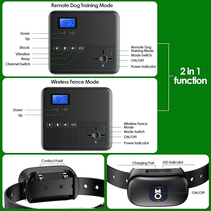 Wireless Dog Fence & Remote Training Collar, Pet Containment System with Adjustable Radius Range 16ft to 393ft, Waterproof & Rechargeable Training Collar Receivers for All Dogs (Black & White)