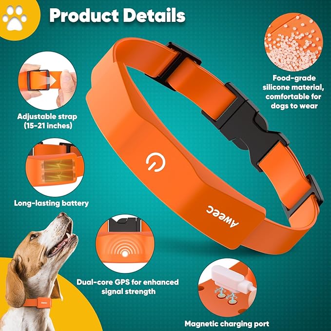 GPS Wireless Dog Fence with Free App, Electric Fence System with Training Collar, Portable Fence for Outdoor Use, Rechargeable Waterproof Flexiable Collar, Adjustable for Large Medium Dogs (Oran ge)