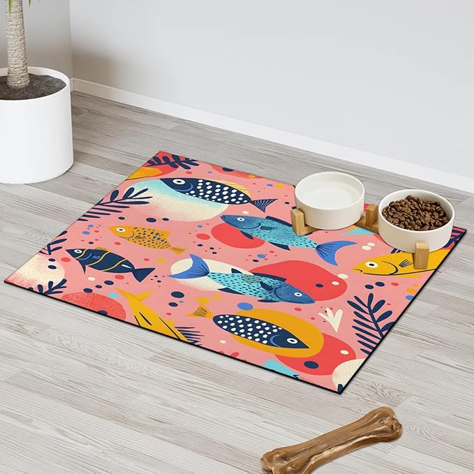 Tropical Fish Dog Food Mat for Floors Absorbent Dog Bowl Mat for Food and Water Dispenser Quick Dry Cat Food Placemat Pet Supplies 24" x 32", Coral
