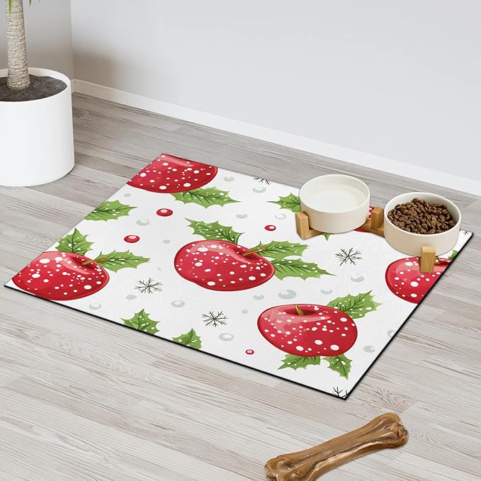 Merry Christmas Dog Food Mat for Floors Absorbent Dog Bowl Mat for Food and Water Dispenser Quick Dry Cat Food Placemat Pet Supplies 12" x 20", Red Apples