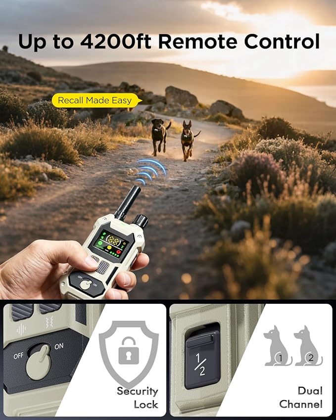 BLACKDOG Military Dog Shock Collar 2 Dogs (5-150lbs) - 4200ft Dog Training Collar with Remote, 4 Training Modes, Flashlight&Strobe, 90-Day Battery, IP67 Waterproof Dog E Collar for All Breeds (Beige)