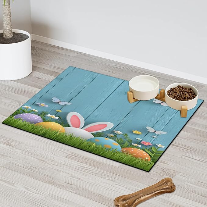 Happy Easter Dog Food Mat for Floors Absorbent Dog Bowl Mat for Food and Water Dispenser Quick Dry Cat Food Placemat Pet Supplies 24" x 32", Blue Wooden