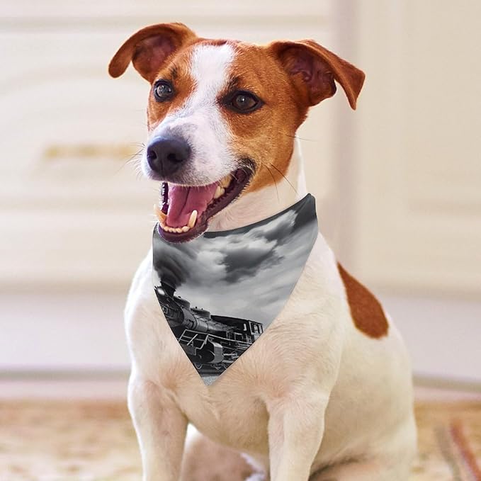 Dog Bandana Spring Pet Scarf Adjustable Triangle Steam Train Clouds Printing Dog Bib Washable Polyester Puppy Bandana for Small Medium Large Dogs Cat Birthday Party Supplies