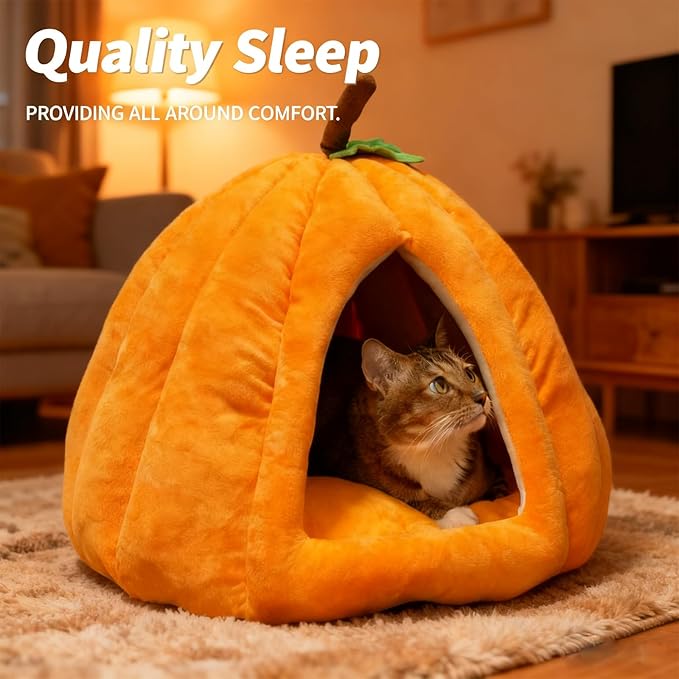 Cat Bed for Indoor Cats - Adorable Cozy Pumpkin Cat Cave with Removable Cushion, Super Soft Pet House Tent for Kittens & Small Pets, Warm & Washable Non-Slip Design(M 17.7 inch Orange)