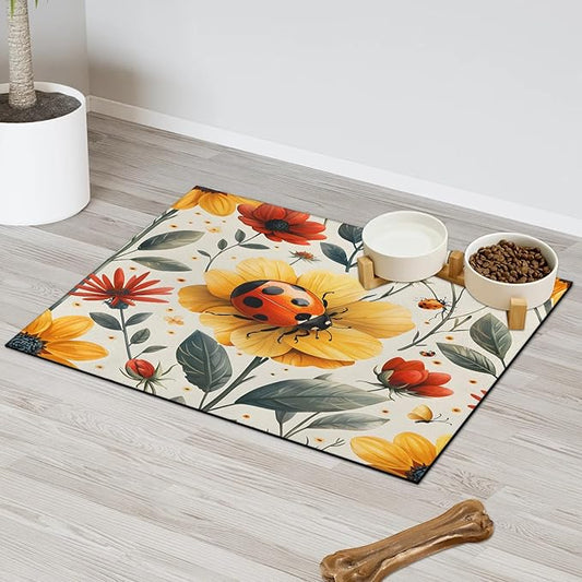 Ladybird Dog Food Mat for Floors Absorbent, Quick Dry Water Dispenser Mat for Food, Water, Pet Supplies 17" x 30", Flower