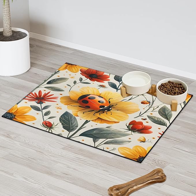 Ladybird Dog Food Mat for Floors Absorbent, Quick Dry Water Dispenser Mat for Food, Water, Pet Supplies 17" x 30", Flower