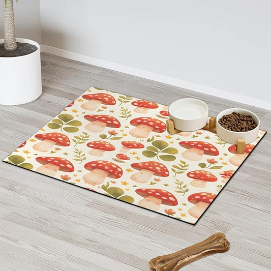 Red Mushroom Dog Food Mat for Floors Absorbent Dog Bowl Mat for Food and Water Dispenser Quick Dry Cat Food Placemat Pet Supplies 12" x 20", Green Leaf