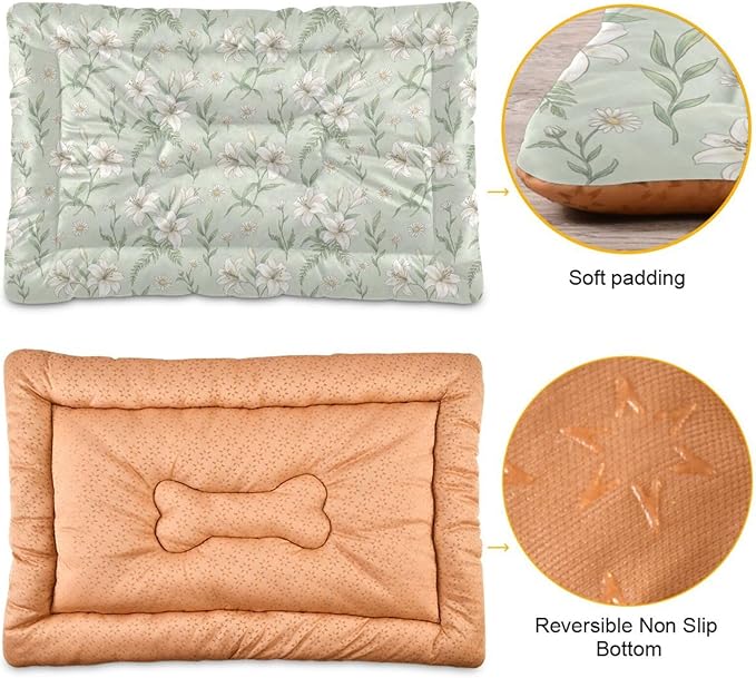 Dog Bed for Crate Washable Pet Sleep Pad, Floral Print Kennel Mat with Non-Slip Bottom, Soft Fluffy Supplies Pet for Dogs and Cats (36x24 inch)