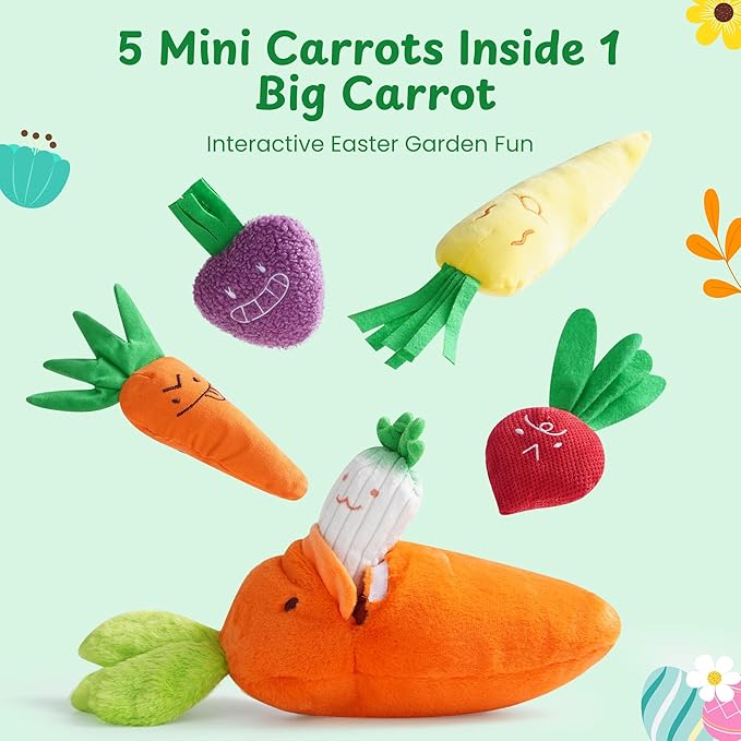 Nocciola Easter Plush Carrot Dog Toy Set – Spring Hide & Seek 5 Mini Carrots Inside a Large Plush Carrot with Squeaky & Crinkle Sounds for Small to Large Breed for Dogs