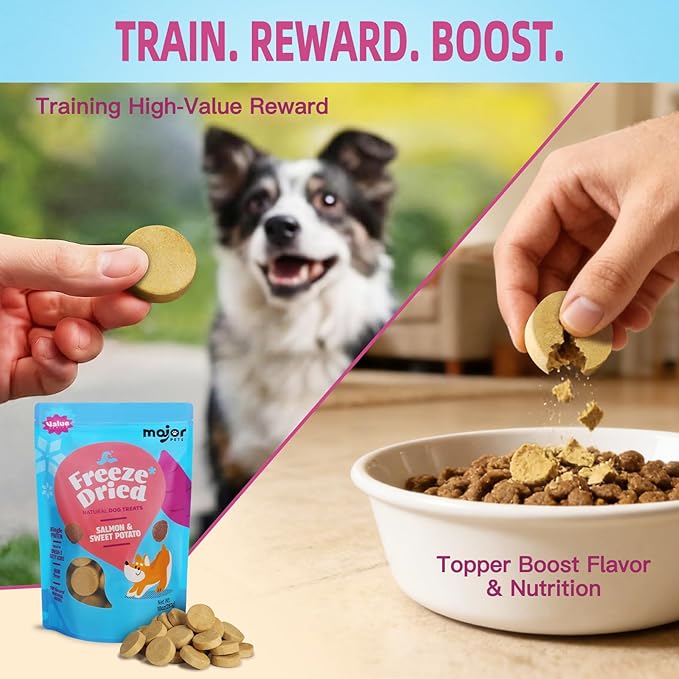 MAJOR PETS Freeze Dried Dog Treats, Wild-Caught Salmon & Sweet Potato, Omega 3 for Skin & Coat Support, Limited Ingredient High Protein Grain Free Training Reward & Meal Topper, Made in The USA, 10oz
