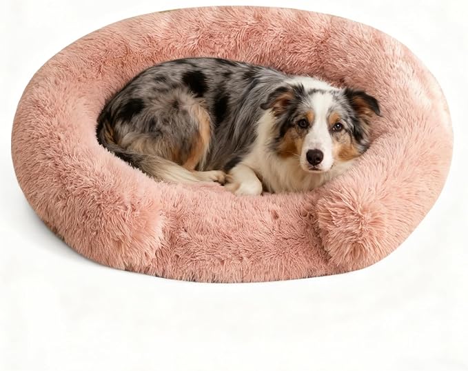 Calming Cute Dog Beds for Medium Dogs, Orthopedic Cushion Anti-Anxiety Donut Cuddler Bed, Soft Fluffy Faux Fur Plush Warming Cozy Removable Cover, Fits up to 35 lbs Pets (Round, Blush 28")