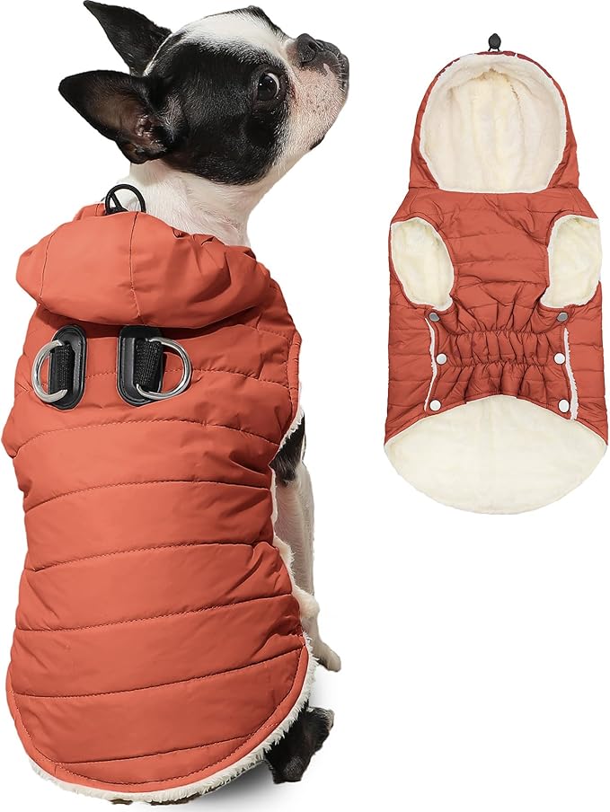 Fleece Lining Dog Hoodie with Harness Built in,Extra Warm Large Dog Jacket in Winter Doggie Coats with Drawstring Hooded,Orange XXL
