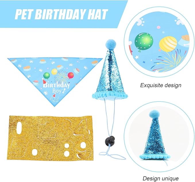 Pet Birthday Hat and Bandana Set, 3pcs Dog Party Accessories in Light Blue, Decorative Puppy Birthday Supplies for Pet Celebration