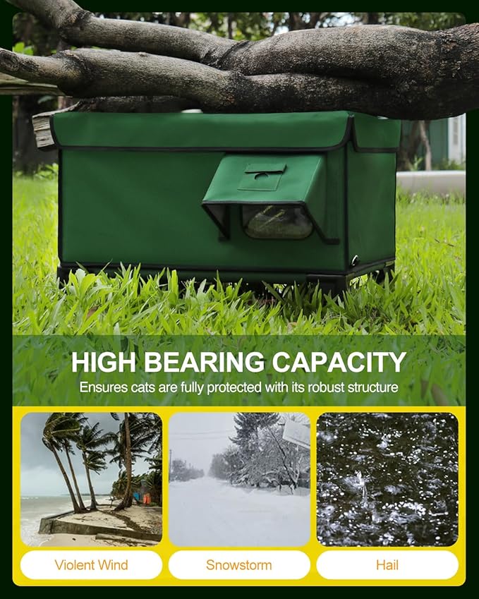 Heated Cat House for Outside,Dual Camera Mounts,100% Weatherproof & Extremely Insulated,Elevated Feral Cat Shelter with Escape Door,Waterproof Eaves for Outdoor Stray Barn Cat(Army Green,L)