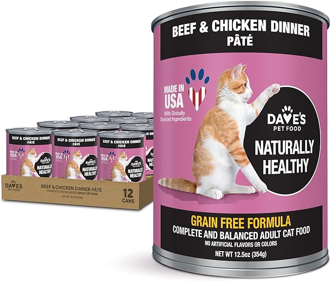 Dave's Pet Food Grain Free Wet Cat Food Pate (Beef & Chicken), Made in USA Naturally Healthy Canned, 12.5 oz Cans (12 Pack)
