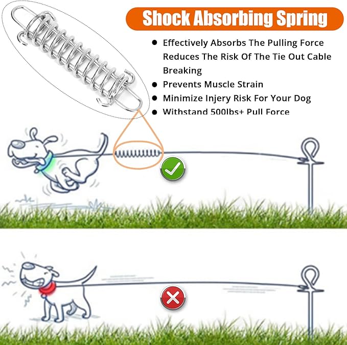 jenico Dog Tie Out Cable, 10/15/20/30/40/50/70/100/150FT Runner Cable with Swivel Hook and Shock Spring, Dog Leash Run Tether for Yard Outdoor and Camping,for Small to Medium Pets Up to 500 LBS