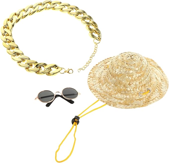 SOLUSTRE Pet Dog Accessories Set 3pcs Straw Sun Hat with Sunglasses and Puppy Necklace for Outdoor Protection and Stylish Pet Supplies