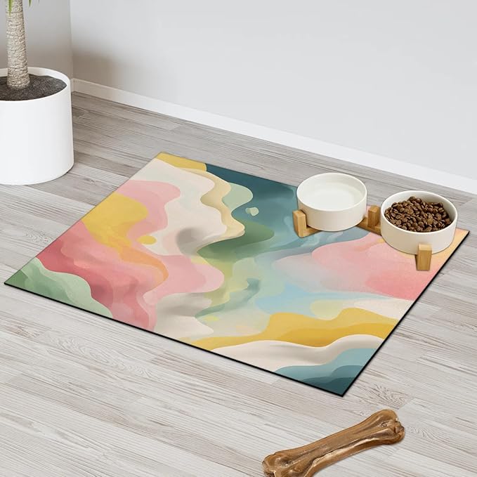 Pink Green Marble Dog Food Mat for Floors Absorbent, Quick Dry Water Dispenser Mat for Food, Water, Pet Supplies 16" x 24", Modern Abstract