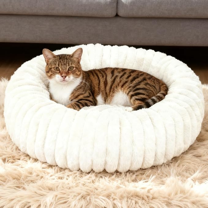 Washable Small Cat Dog Bed,Calming Anti Anxiety Round Donut Dog Bed,Cute Kitten Cat Beds for Indoor Cats,Fluffy Puppy Dogs Beds for Small Dogs, Anti-Slip Comfort Pet Bed(White, S)