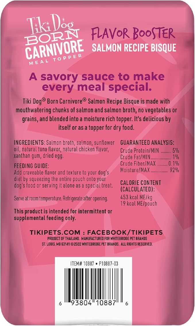 Tiki Dog Born Carnivore Flavor Booster, Salmon Recipe Bisque, Grain Free Meat Based Treat, Meal Topper for All Dog Breeds and All Life Stages, 1.5 oz. Pouch, 12 Count