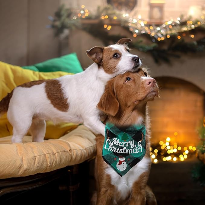 Unomor Christmas Dog Bandanas and Dog Triangle Bibs 2pcs Plaid Cotton Scarves with Christmas Santa Snowman Patterns Soft Pet Supplies for Holiday Wear