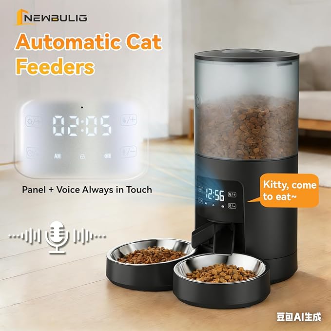 NEWBULIG Automatic Cat Feeder for 2 Cats, 6L Timed Pet Feeders with 10s Voice Recorder, Dog Food Dispenser, Dry Food, 6 Meals, Programmable 50 Portions, Dual Power Supply