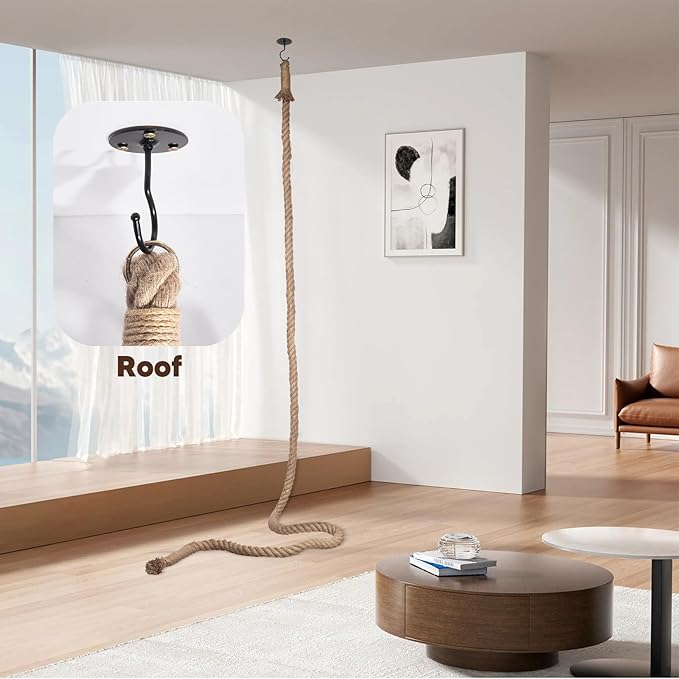 Cat Climbing Rope with Hook, Natural Jute Ropes for Ceiling & Wall Mounted,Cat Climbing Sisal Rope Cats Scratch Rope Suitable for Indoor Cats (1.20" x 6.56Ft)