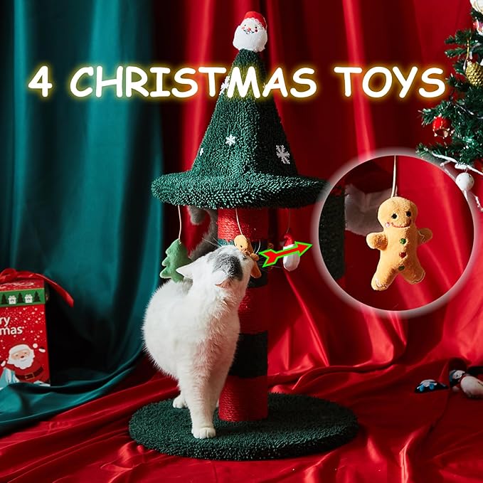 LUCKITTY Cat Scratching Post with 4 Hanging Plush Toy - Christmas Tree Alternative Give Your Cat a Toy and Scratching Post in One with This Ultimate Tree 30 * 15 Inch Red Green
