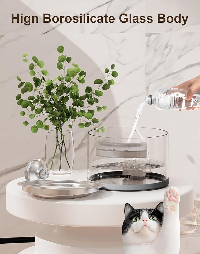 NPET N280 Cat Water Fountain Glass, 95oz/2.8L Automatic Pet Fountain Dog Stainless Steel Tray, Water Dispenser for Cats, Dogs, Multiple Pets (Water Fountain + 1 Filters)