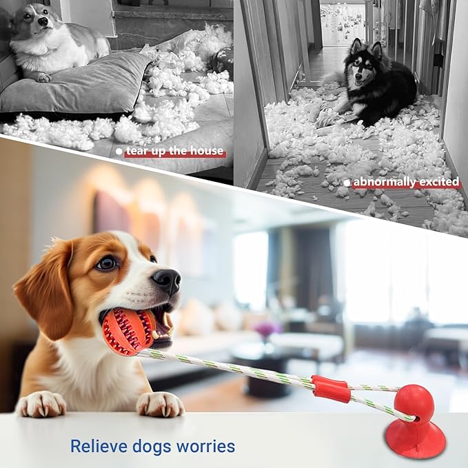 Dog Chew Toys for Aggressive Chewers, Tug of War Suction Cup, Pull Ball with Suction Cup, Suitable for All Breeds, Puppy Chew Toys for Teething, Indestructible Dog Treat Food Dispensing Ball (Red)
