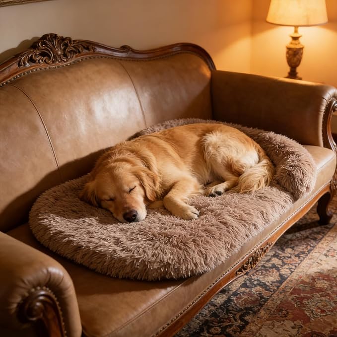 Calming Dog & Cat Beds for Small Medium Dogs Cats, Anti-Anxiety Plush Pets Lounge Couch Sofa Orthopedic Cushion, Soft Fluffy Faux Fur Washable, Fits up to 25 lbs Pets (Oval, Brown 26"x20")