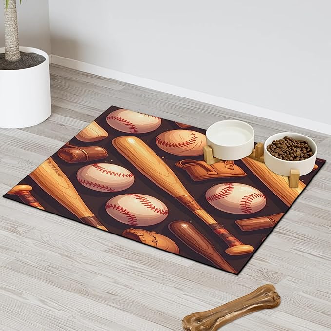 Vintage Baseball Dog Food Mat for Floors Absorbent, Quick Dry Water Dispenser Mat for Food, Water, Pet Supplies 24" x 32", Sport Theme