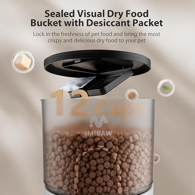 IMIPAW Automatic Cat Feeders, 3L Timed Cat Dry Food Dispenser with Desiccant Bags, Dual Power Supply, Programmable Portion Size, 6 Meals, 20 Portions Per Day, Auto Pet Feeder for Cats and Small Dogs