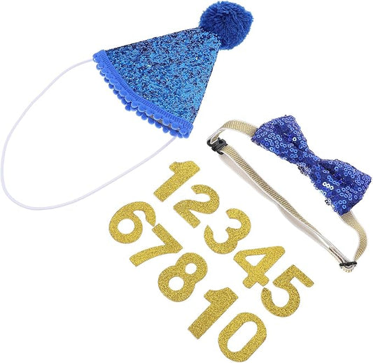 VICASKY Pet Dog Birthday Party Hat and Bow Tie Set with Blue Fur Trim and Sequined Bow Tie, Small Size Puppy Hat Decorations for Dog Birthday Supplies and Pet Celebration Accessories