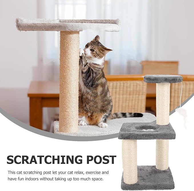 BESTonZON Multi-Layer Sisal Cat Scratcher with Mouse Three-Tier Sturdy Kitten Climbing Tower Gray Cat Scratch Post for Indoor and Daily Use