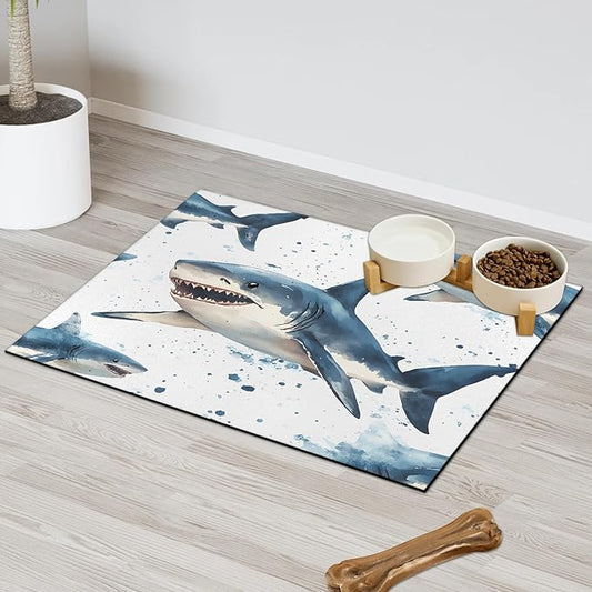 Nautical Sharks Dog Food Mat for Floors Absorbent Dog Bowl Mat for Food and Water Dispenser Quick Dry Cat Food Placemat Pet Supplies 16" x 24", Ocean Sea