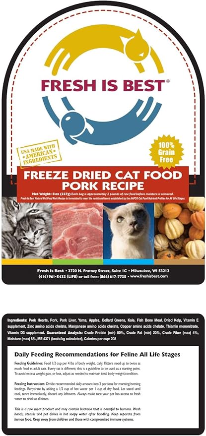 Fresh Is Best Pork Freeze Dried Cat Food – Raw Cat Food for Kittens & Adult Felines – High-Protein Freeze Dried Pork in Resealable Zipper Bag – Made in The USA – 8 oz