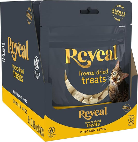Reveal Natural Freeze-Dried Cat Treats, Single Ingredient, Grain Free, High Protein, Perfect for Training, Treating or Snacking, Chicken Breast Bites (8 x 0.88 oz Bags)